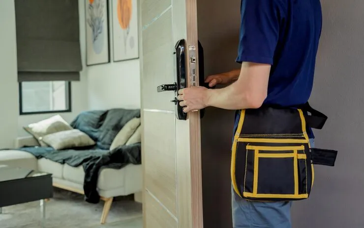"Golden Locks, Inc. locksmith using non-destructive entry tools to open a residential front door lockout in Huntington Beach"