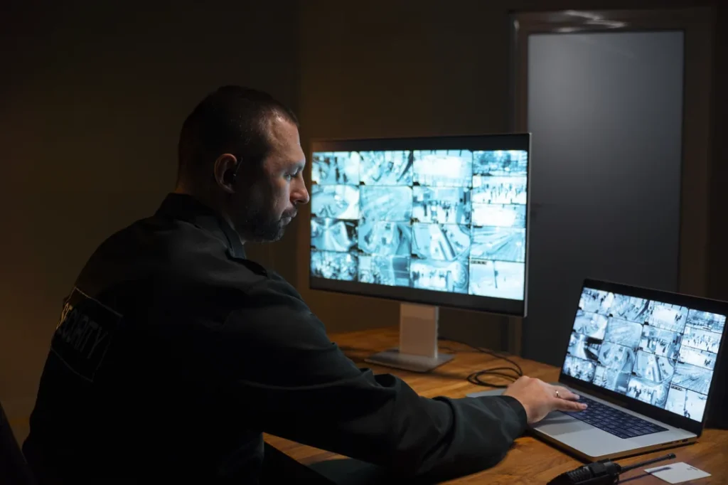 Security officer monitoring surveillance camera feeds