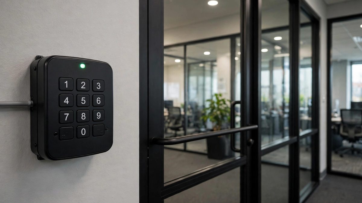 Wall mounted keypad access control reader next to a glass office door
