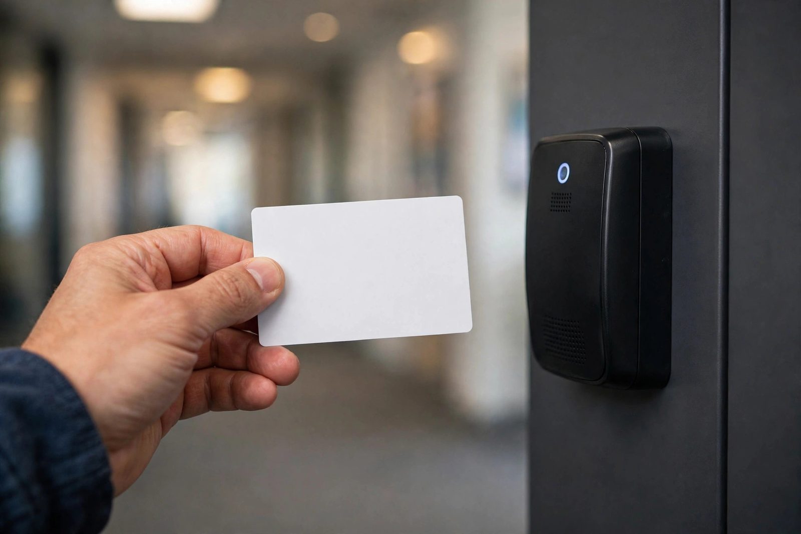 Access Control for Huntington Beach and Orange County Businesses: Installation Steps and What to Ask Hand holding a blank access card up to a wall mounted card reader in an office hallway