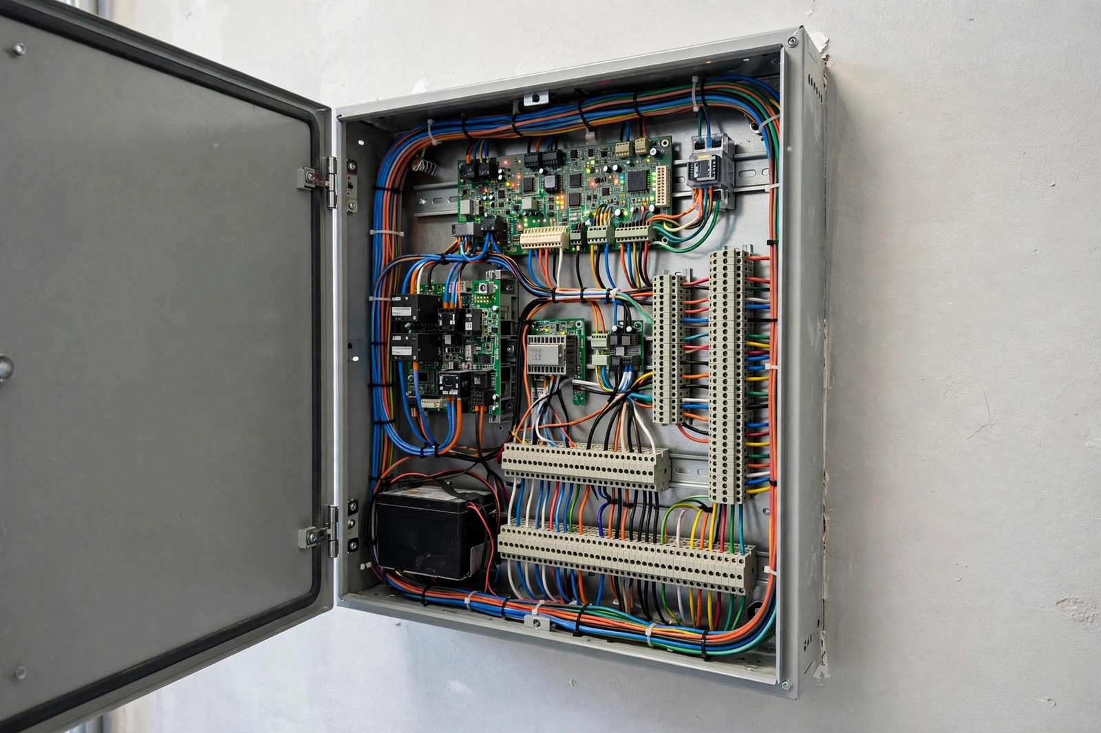 Access Control for Huntington Beach and Orange County Businesses: Installation Steps and What to Ask Open access control panel showing wiring, controller boards and terminal blocks