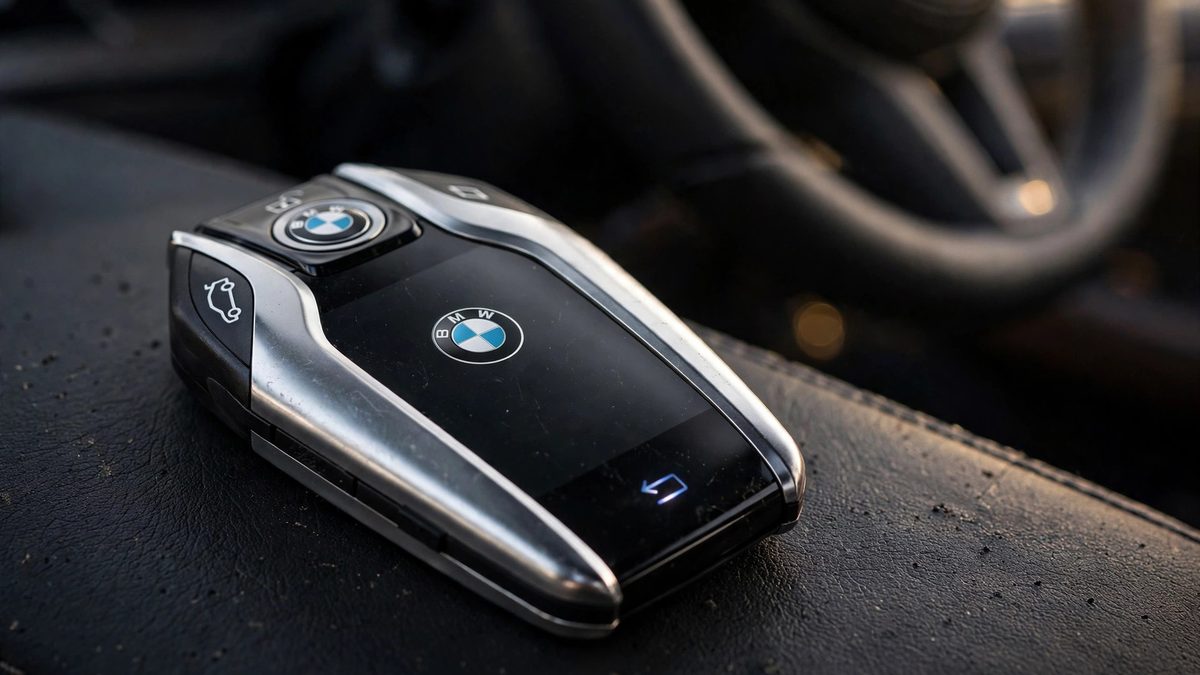 BMW display key with silver edges and a touchscreen resting on a car seat