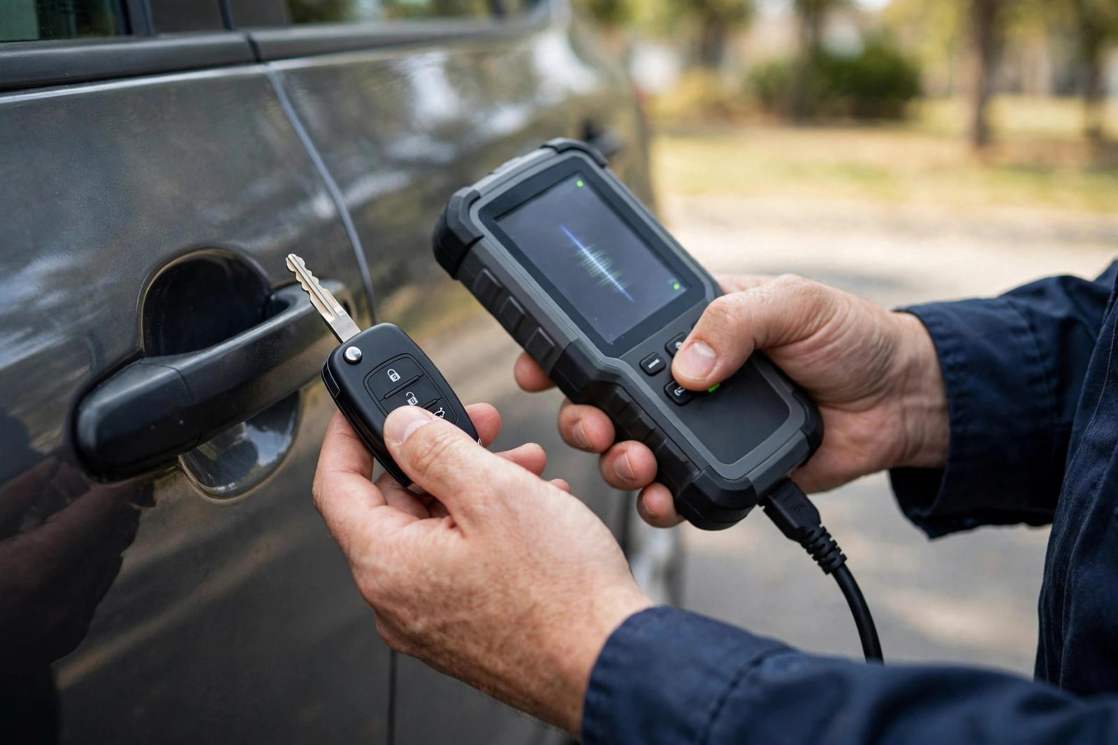 Can a Locksmith Make a BMW Key? What You Need and How Long It Takes in Huntington Beach Hands holding a car key fob and a handheld programming tool beside a car door