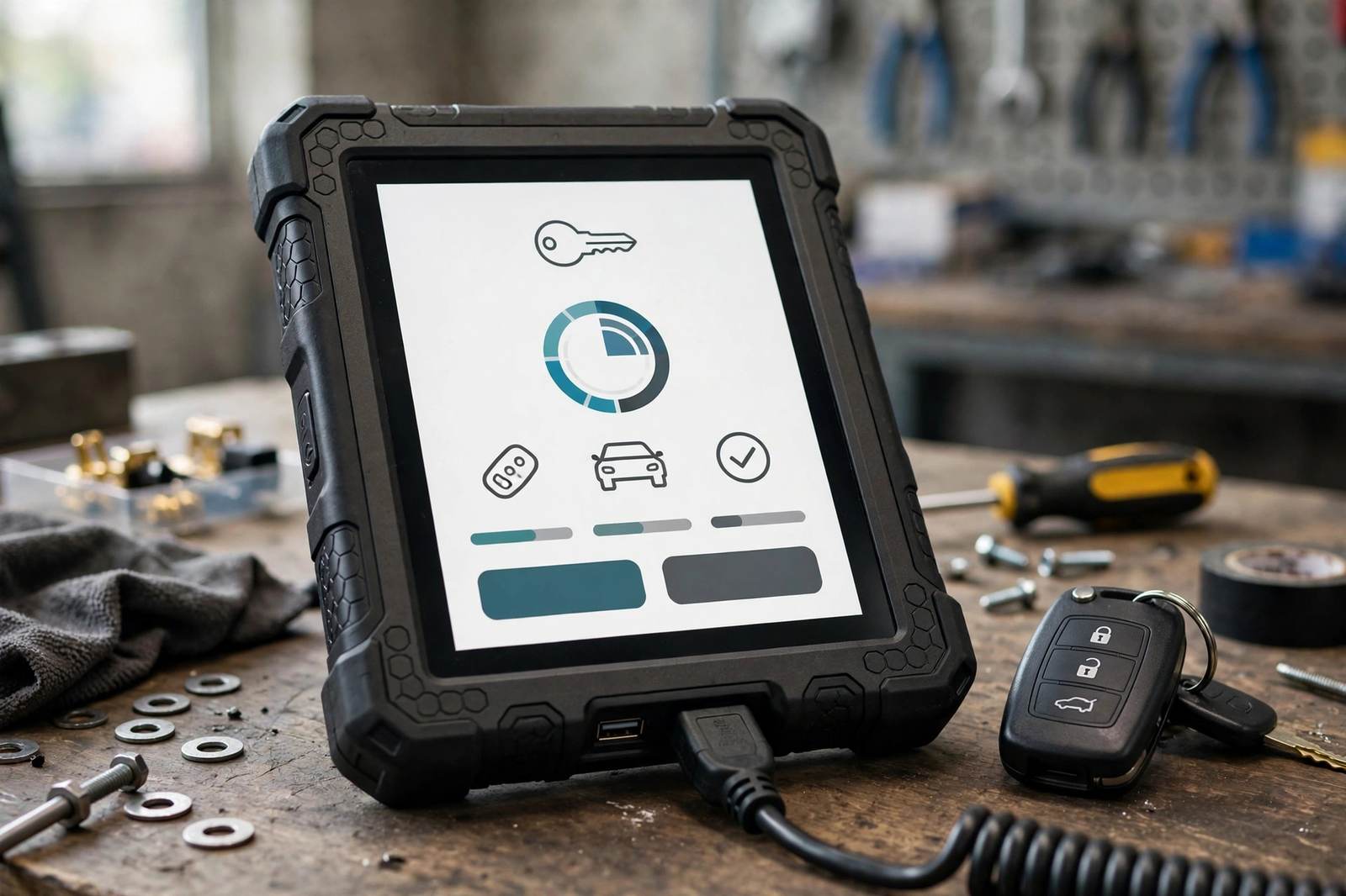 Can a Locksmith Program a Mercedes Key? Locksmith vs Dealer vs Mail In in Orange County Key programming tablet connected by cable next to a car remote key on a workbench