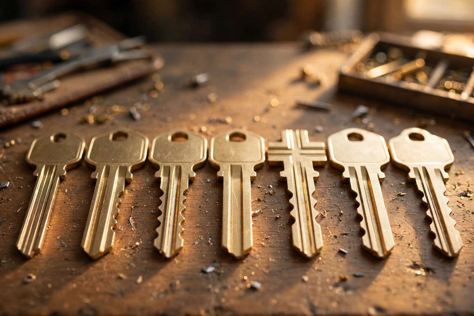 Row of brass key blanks lined up on a workbench next to a cutting tray and metal shavings
