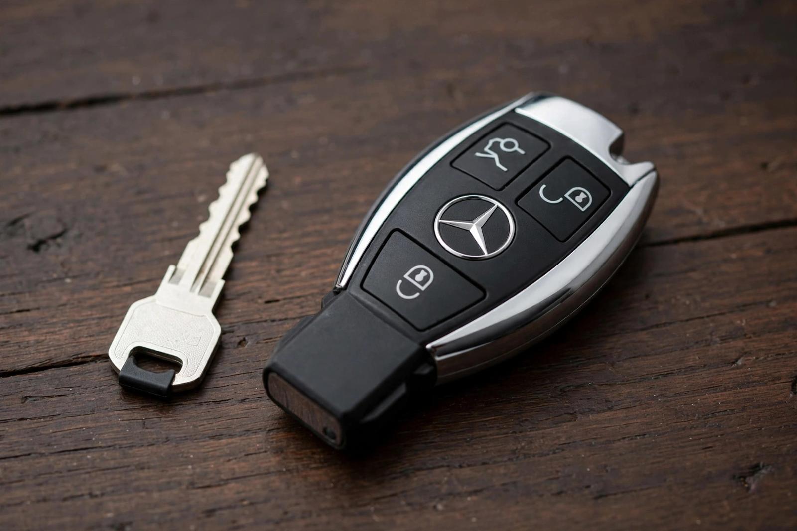 Can a Locksmith Program a Mercedes Key? Locksmith vs Dealer vs Mail In in Orange County Mercedes smart key fob with its separate emergency key blade beside it on a wooden table