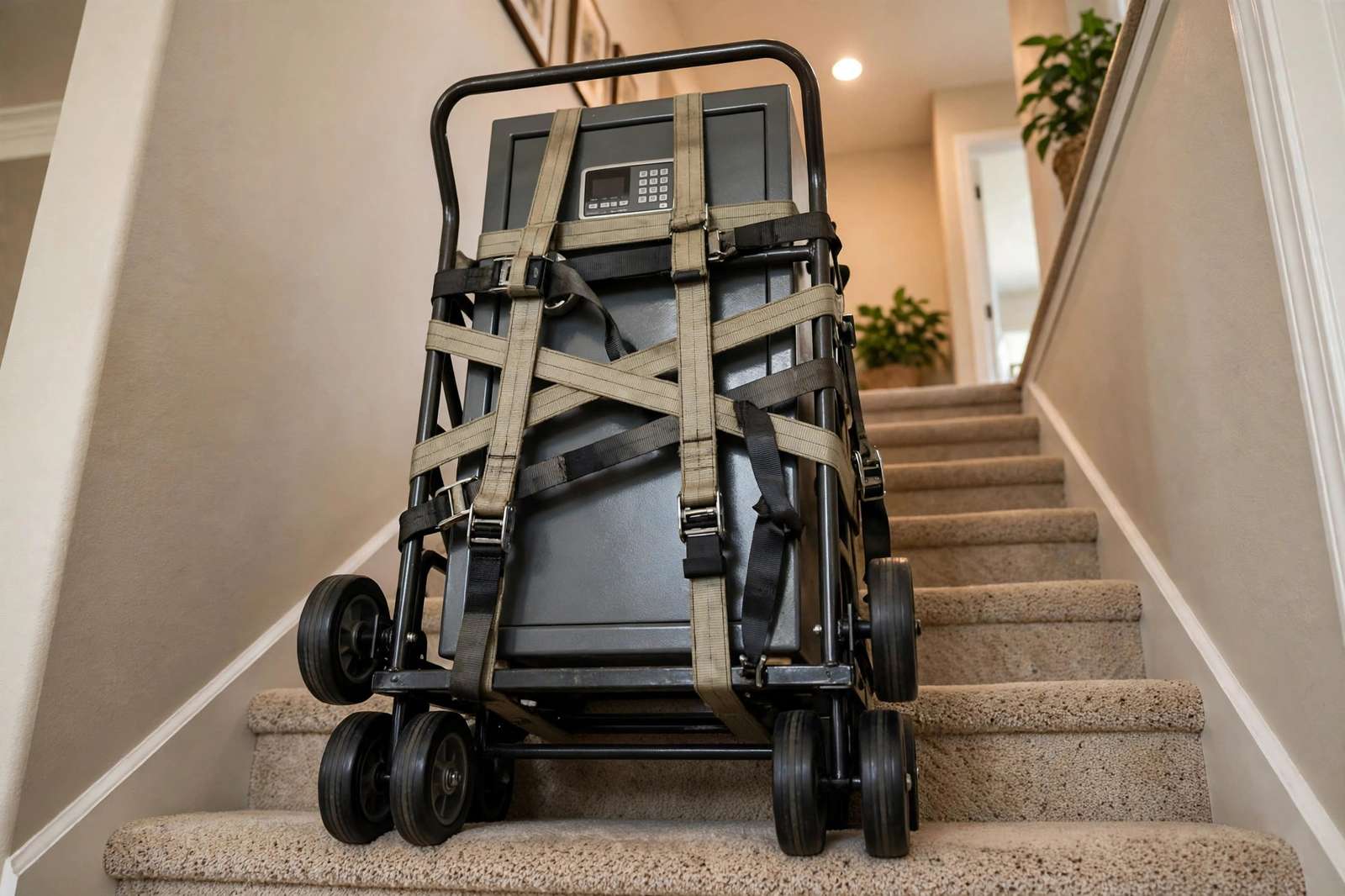 Safe Moving in Orange County: What It Takes, What Goes Wrong, and How to Hire a Pro Safe strapped to a stair climbing dolly on a carpeted staircase inside a home