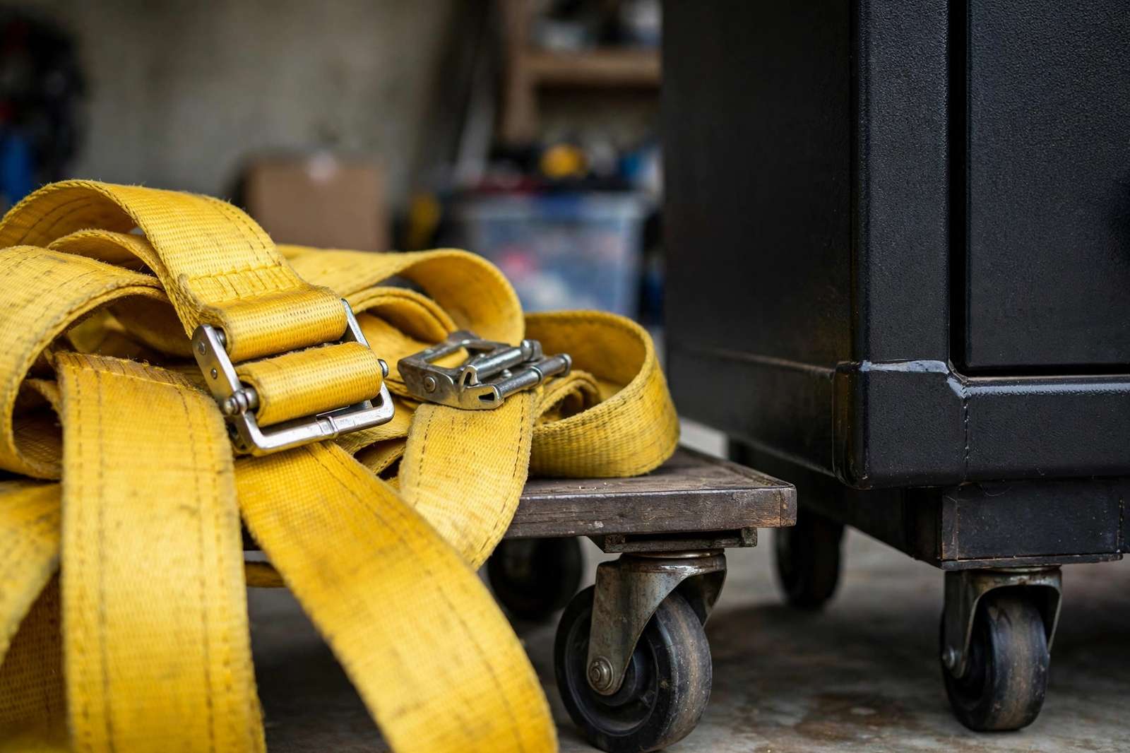 Safe Moving in Orange County: What It Takes, What Goes Wrong, and How to Hire a Pro Yellow ratchet lifting straps on a dolly next to a black safe