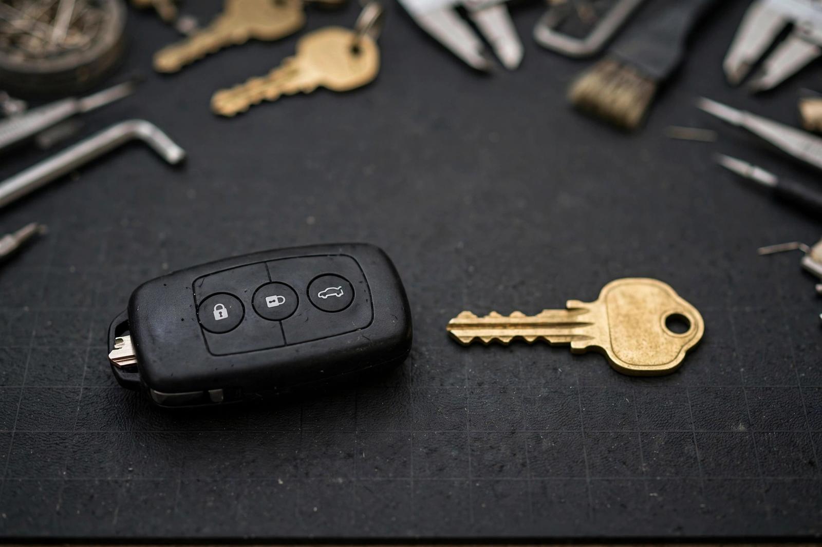 Transponder car key fob lying next to a brass house key on a dark workbench
